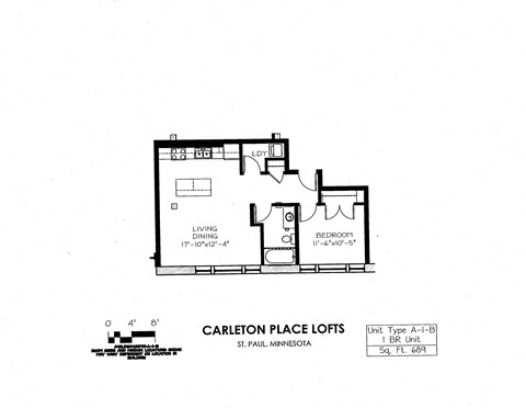 Floor plan for 1 bed, 1 bath